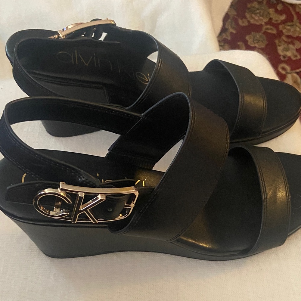 Calvin Klein Black Wedge Sandals with Gold Buckle